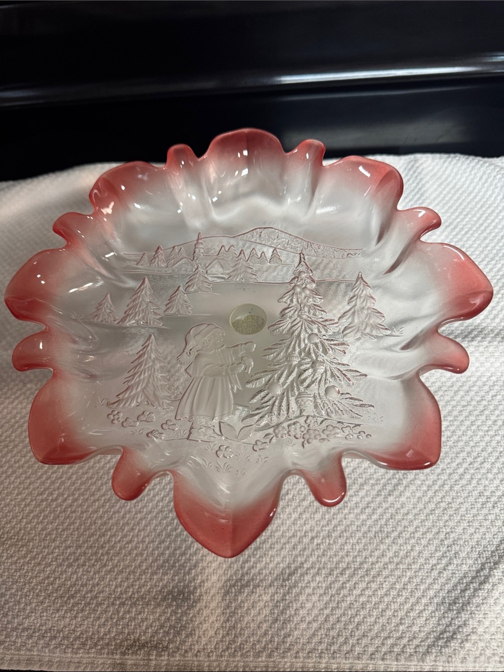 Mikasa Footed Dish Glass Crystal Pink Ruffle Edge Christmas